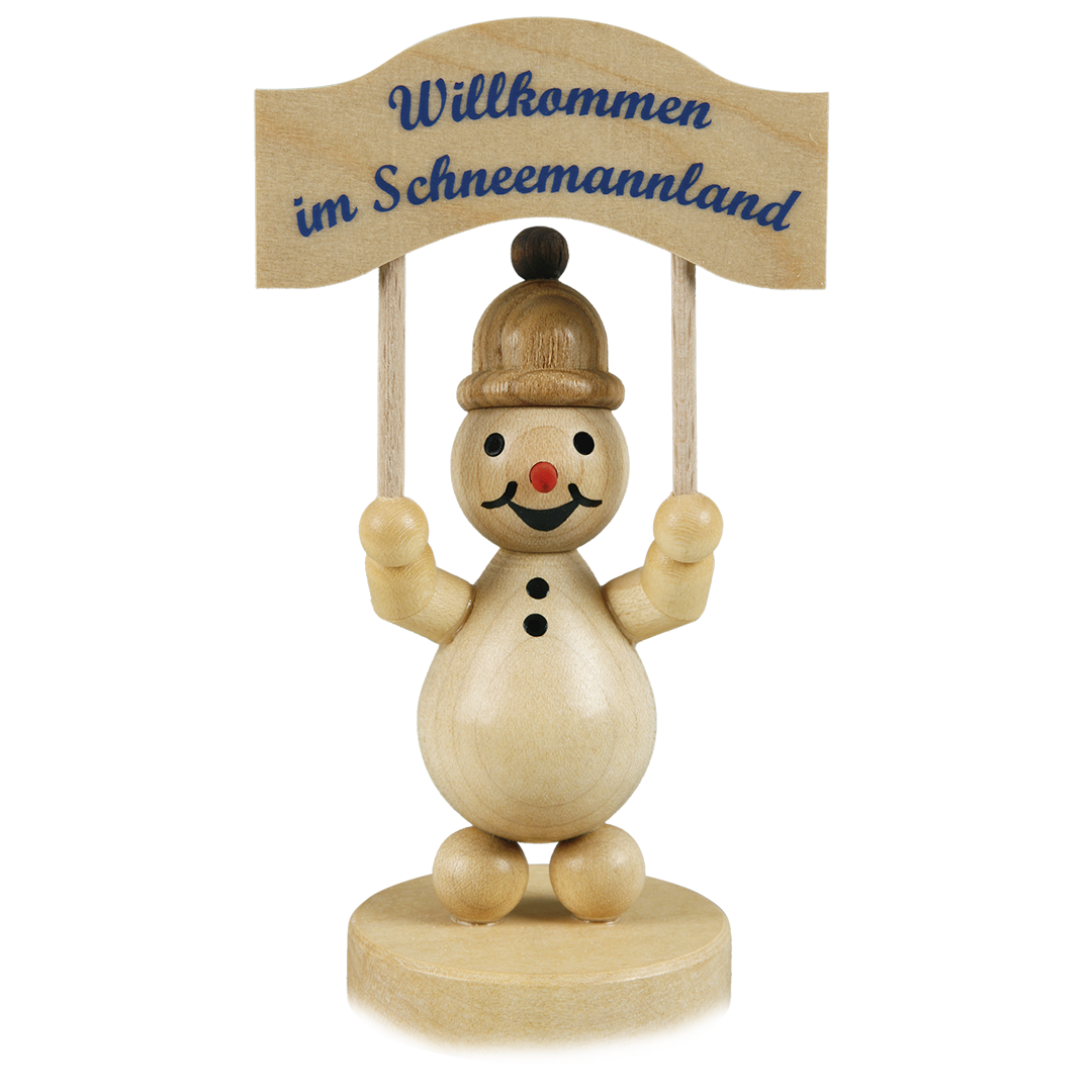 Volkmar Wagner Schneemann Junior mit Schild „Willkommen im Schneemannland“